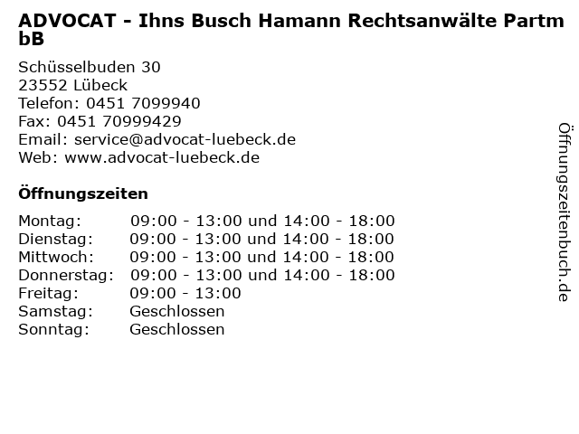 ADVOCAT - Ihns Busch Hamann Rechtsanwälte PartmbB in Lübeck: Adresse und Öffnungszeiten
