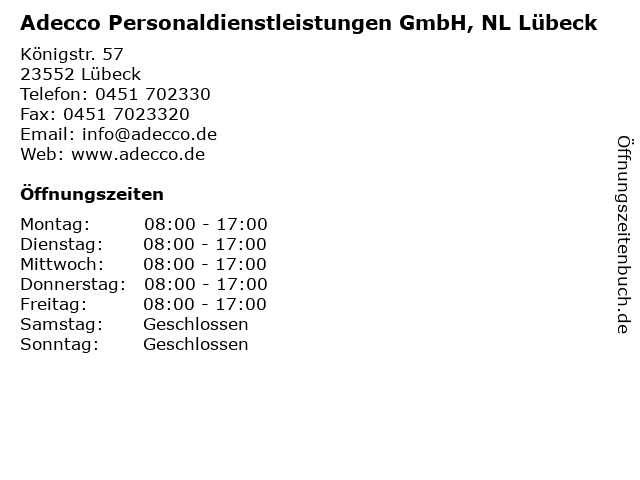 Adecco Personaldienstleistungen GmbH, NL Lübeck in Lübeck: Adresse und Öffnungszeiten