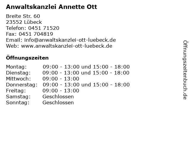 Anwaltskanzlei Annette Ott in Lübeck: Adresse und Öffnungszeiten
