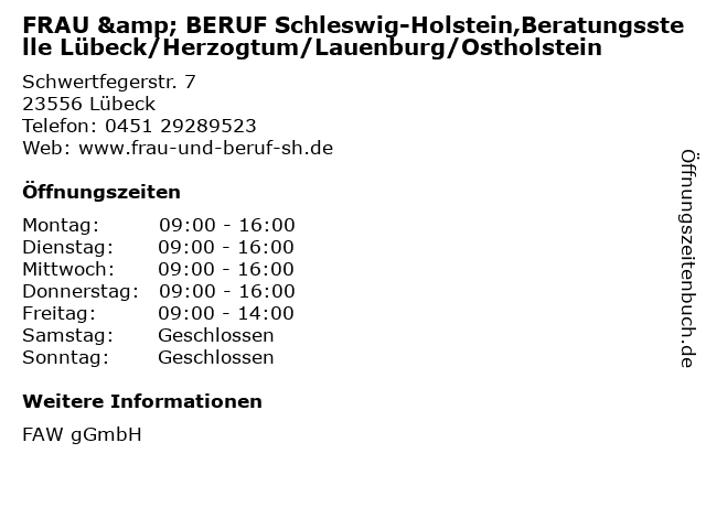 ᐅ Offnungszeiten Frau Beruf Schleswig Holstein Beratungsstelle Lubeck Herzogtum Lauenburg Ostholstein Schwertfegerstr 7 In Lubeck