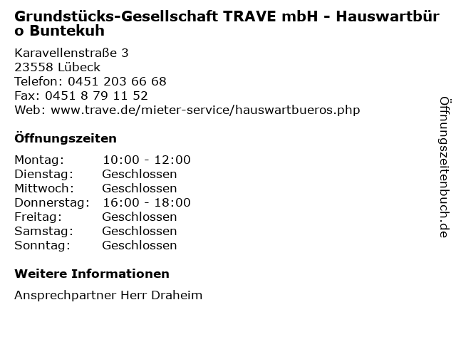 Grundstücks-Gesellschaft TRAVE mbH - Hauswartbüro Buntekuh in Lübeck: Adresse und Öffnungszeiten