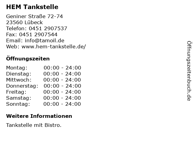HEM Tankstelle in Lübeck: Adresse und Öffnungszeiten