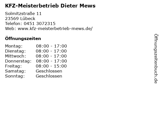 KFZ-Meisterbetrieb Dieter Mews in Lübeck: Adresse und Öffnungszeiten