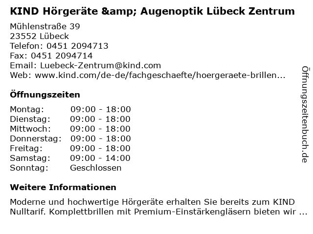 KIND Hörgeräte & Augenoptik Lübeck Zentrum in Lübeck: Adresse und Öffnungszeiten