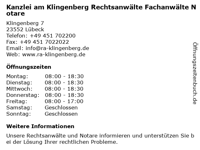 Kanzlei am Klingenberg Rechtsanwälte Fachanwälte Notare in Lübeck: Adresse und Öffnungszeiten