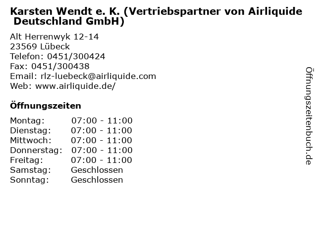 Karsten Wendt e. K. (Vertriebspartner von Airliquide Deutschland GmbH) in Lübeck: Adresse und Öffnungszeiten