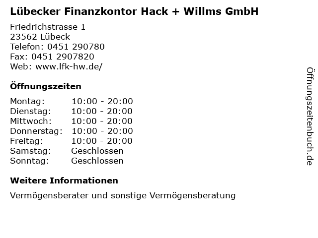 Lübecker Finanzkontor Hack + Willms GmbH in Lübeck: Adresse und Öffnungszeiten