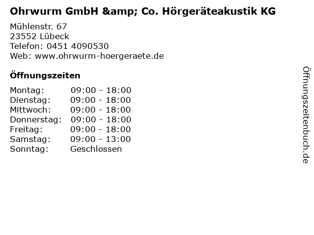 Ohrwurm GmbH & Co. Hörgeräteakustik KG in Lübeck: Adresse und Öffnungszeiten