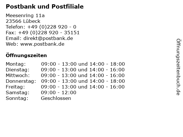 Postbank und Postfiliale in Lübeck: Adresse und Öffnungszeiten