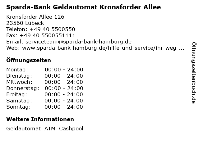 Sparda-Bank Geldautomat Kronsforder Allee in Lübeck: Adresse und Öffnungszeiten
