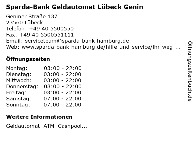 Sparda-Bank Geldautomat Lübeck Genin in Lübeck: Adresse und Öffnungszeiten