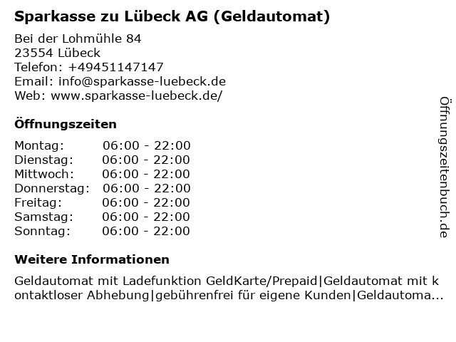 Sparkasse zu Lübeck AG (Geldautomat) in Lübeck: Adresse und Öffnungszeiten