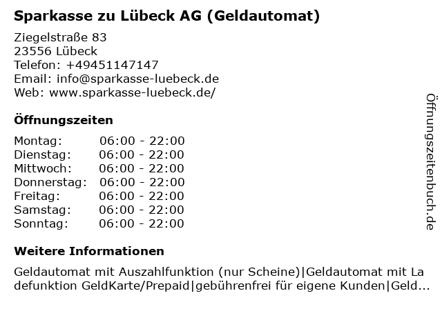 Sparkasse zu Lübeck AG (Geldautomat) in Lübeck: Adresse und Öffnungszeiten