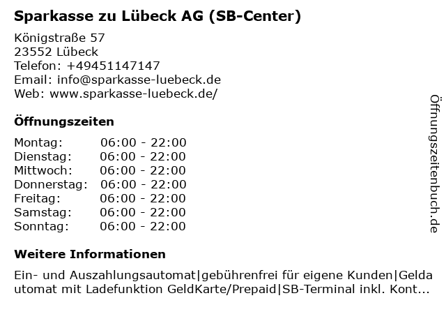 ᐅ Offnungszeiten Sparkasse Zu Lubeck Ag Geldautomat Luv Shopping Center Lubeck Konigstrasse 57 In Lubeck