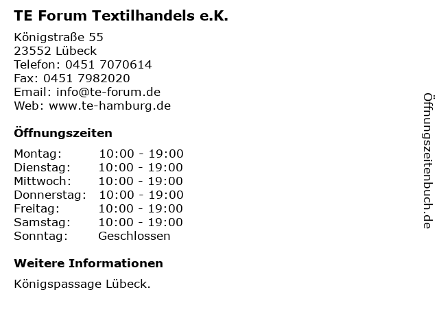 TE Forum Textilhandels e.K. in Lübeck: Adresse und Öffnungszeiten