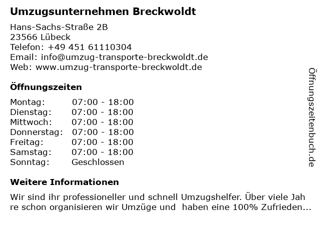 Umzugsunternehmen Breckwoldt in Lübeck: Adresse und Öffnungszeiten