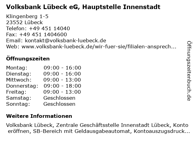 Volksbank Lübeck eG, Hauptstelle Innenstadt in Lübeck: Adresse und Öffnungszeiten