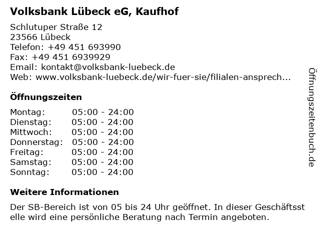 Volksbank Lübeck eG, Kaufhof in Lübeck: Adresse und Öffnungszeiten