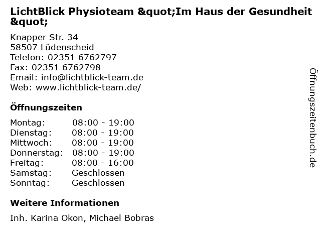 ᐅ Öffnungszeiten „LichtBlick Physioteam "Im Haus der ...