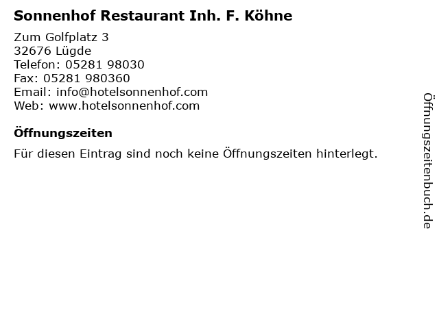 Sonnenhof Restaurant Inh. F. Köhne in Lügde: Adresse und Öffnungszeiten