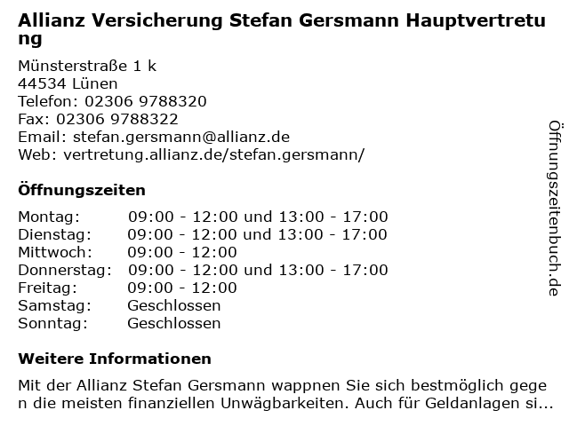 Allianz Versicherung Stefan Gersmann Hauptvertretung in Lünen: Adresse und Öffnungszeiten