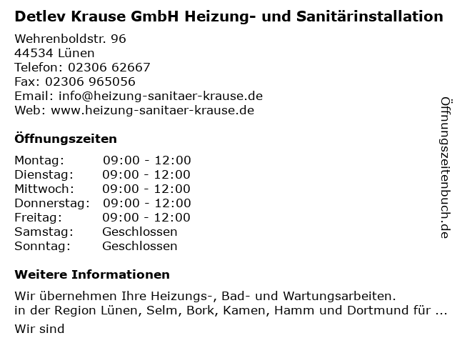 Detlev Krause GmbH Heizung- und Sanitärinstallation in Lünen: Adresse und Öffnungszeiten