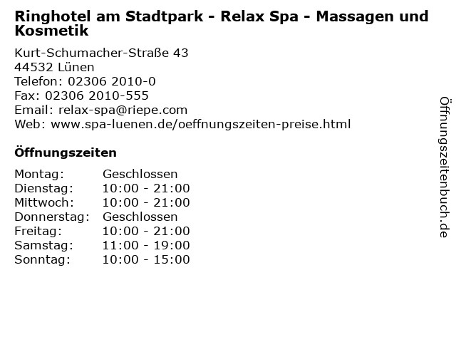 Ringhotel am Stadtpark - Relax Spa - Massagen und Kosmetik in Lünen: Adresse und Öffnungszeiten
