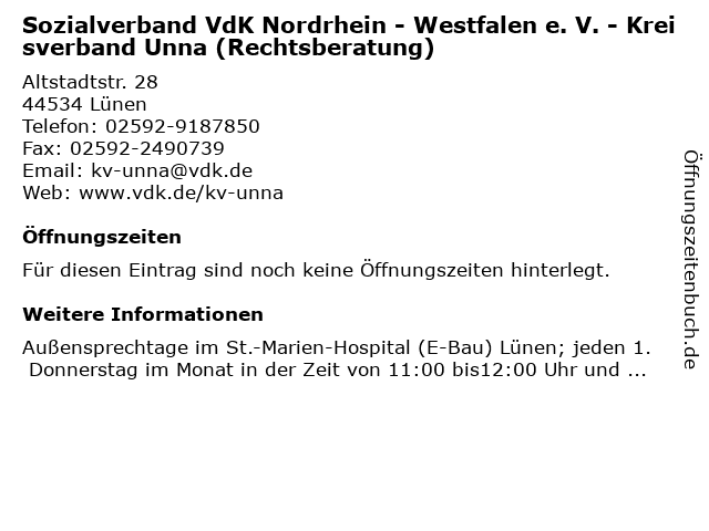 Sozialverband VdK Nordrhein - Westfalen e. V. - Kreisverband Unna (Rechtsberatung) in Lünen: Adresse und Öffnungszeiten