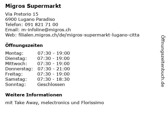 Migros Supermarkt in Lugano Paradiso: Adresse und Öffnungszeiten