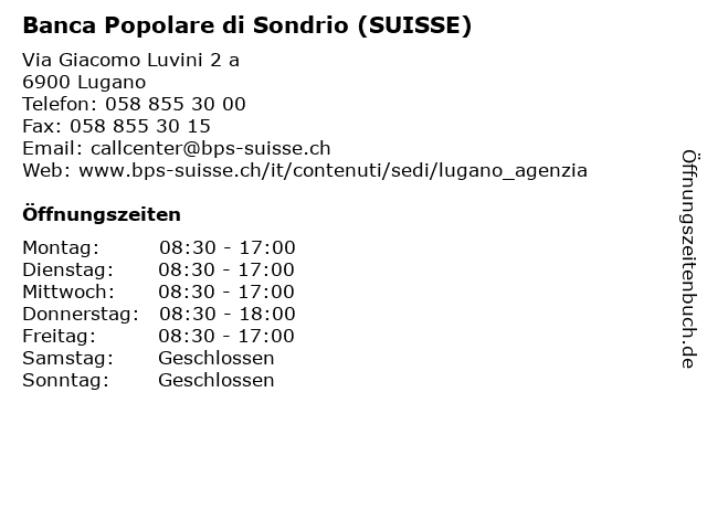 Banca Popolare di Sondrio (SUISSE) in Lugano: Adresse und Öffnungszeiten