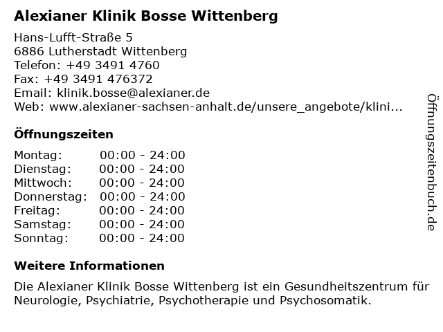 Alexianer Klinik Bosse Wittenberg in Lutherstadt Wittenberg: Adresse und Öffnungszeiten