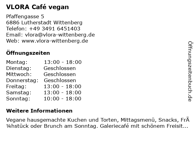 VLORA Café vegan in Lutherstadt Wittenberg: Adresse und Öffnungszeiten