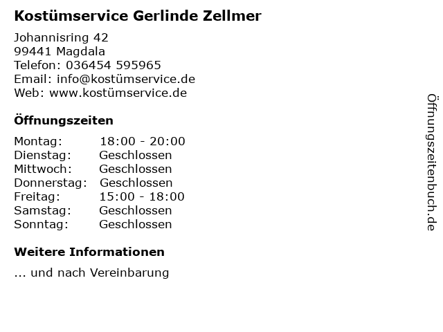 Kostümservice Gerlinde Zellmer in Magdala: Adresse und Öffnungszeiten