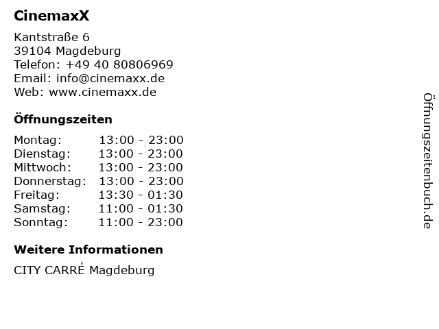 ᐅ Offnungszeiten Cinemaxx Entertainment Gmbh Co Kg Kantstrasse 6 In Magdeburg