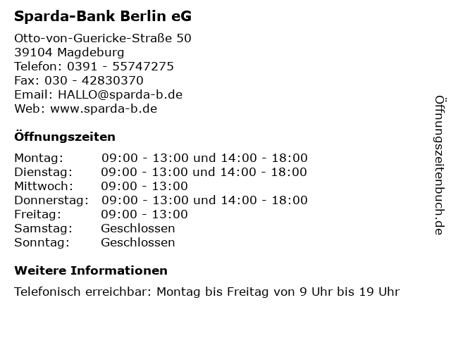 ᐅ Öffnungszeiten „Sparda-Bank Berlin eG“ | Otto-von-Guericke-Straße 50 in Magdeburg