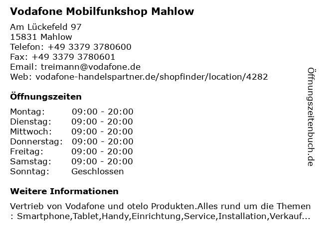 Vodafone Mobilfunkshop Mahlow in Mahlow: Adresse und Öffnungszeiten