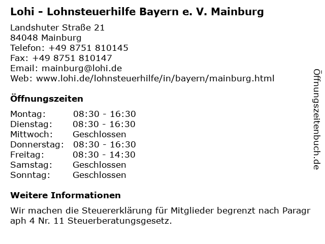 Lohi - Lohnsteuerhilfe Bayern e. V. Mainburg in Mainburg: Adresse und Öffnungszeiten