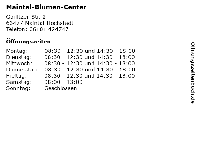 ᐅ Offnungszeiten Maintal Blumen Center Gorlitzer Str 2 In Maintal Hochstadt