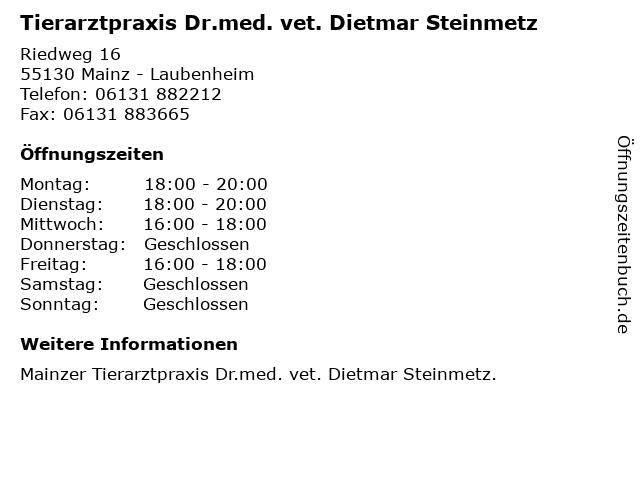 Tierarztpraxis Dr.med. vet. Dietmar Steinmetz in Mainz - Laubenheim: Adresse und Öffnungszeiten
