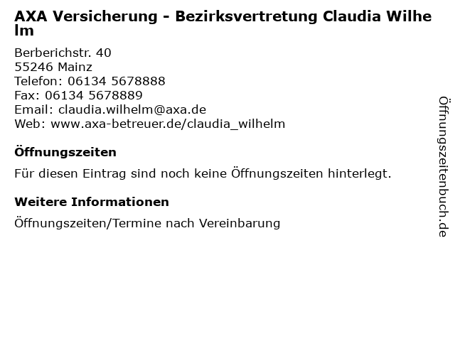 AXA Versicherung - Bezirksvertretung Claudia Wilhelm in Mainz: Adresse und Öffnungszeiten
