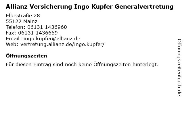 Allianz Versicherung Ingo Kupfer Generalvertretung in Mainz: Adresse und Öffnungszeiten