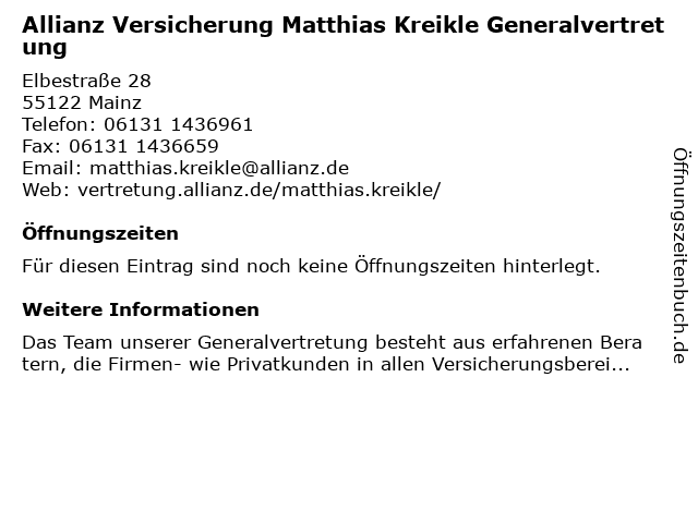 Allianz Versicherung Matthias Kreikle Generalvertretung in Mainz: Adresse und Öffnungszeiten
