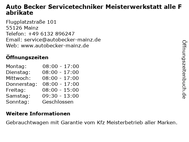 ᐅ Offnungszeiten Auto Becker Opel Servicetechniker Meisterwerkstatt Alle Fabrikate Flugplatzstrasse 39 In Mainz