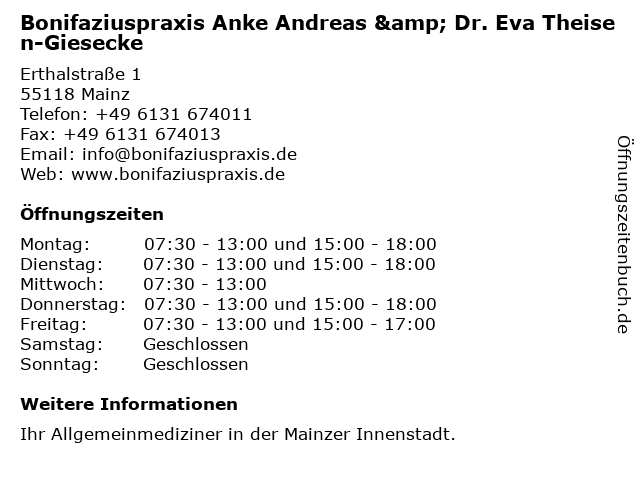 Bonifaziuspraxis Anke Andreas & Dr. Eva Theisen-Giesecke in Mainz: Adresse und Öffnungszeiten