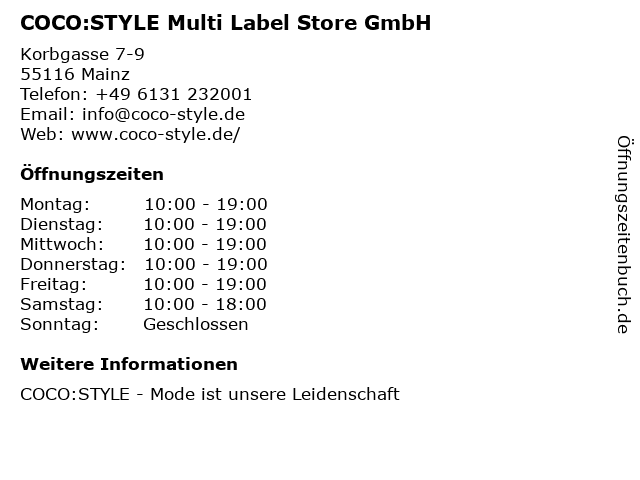 COCO:STYLE Multi Label Store GmbH in Mainz: Adresse und Öffnungszeiten
