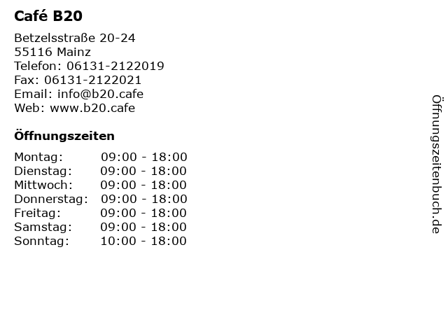 Café B20 in Mainz: Adresse und Öffnungszeiten