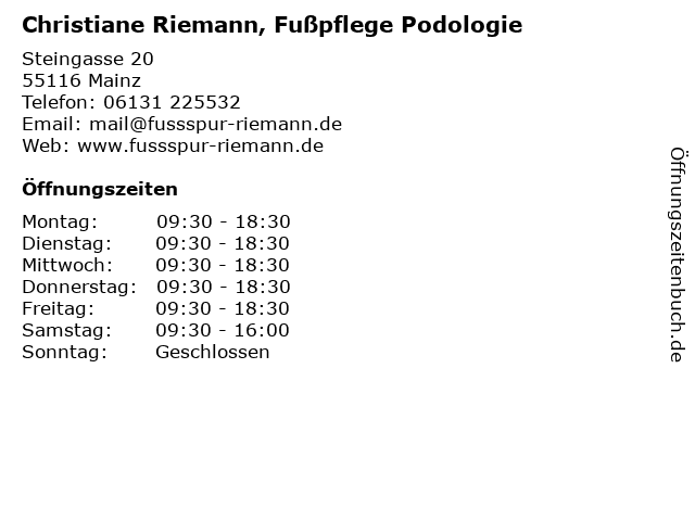 Christiane Riemann, Fußpflege Podologie in Mainz: Adresse und Öffnungszeiten