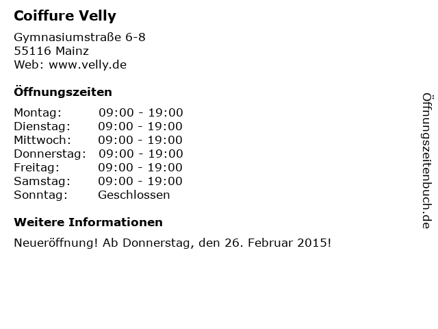 Coiffure Velly in Mainz: Adresse und Öffnungszeiten