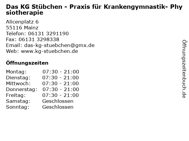 Das KG Stübchen - Praxis für Krankengymnastik- Physiotherapie in Mainz: Adresse und Öffnungszeiten
