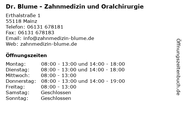 Dr. Blume - Zahnmedizin und Oralchirurgie in Mainz: Adresse und Öffnungszeiten